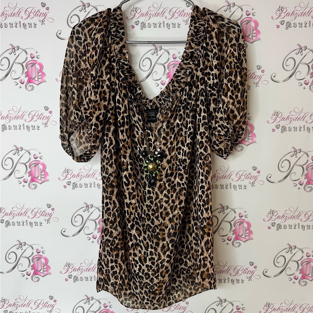 Moda International Animal Print Blouse embroidered beaded neck puff sleeves